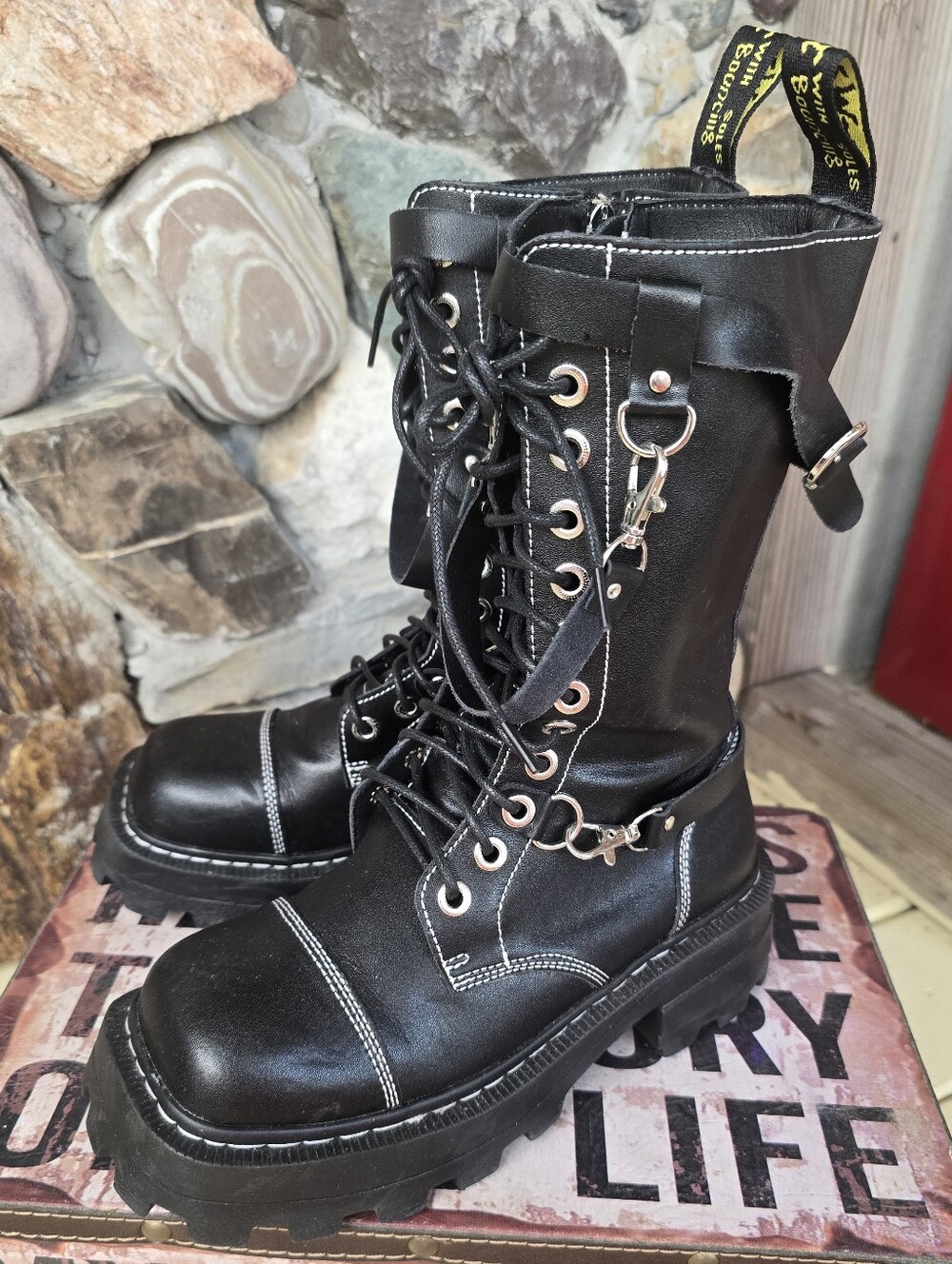 Black Gothic Platform Combat Boots | Contrast Stitch & Hardware Accents